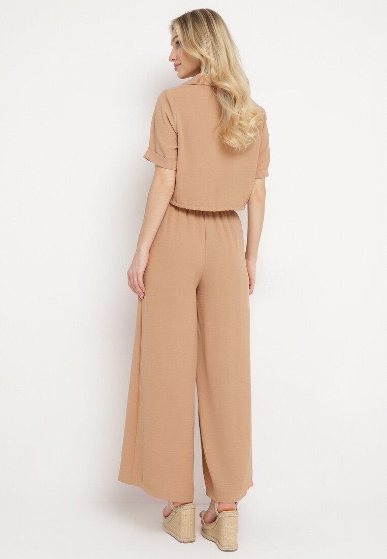  Set Bej închis Cămașă scurtă cu Nasturi Pantaloni cu Elastic în Talie Yinesa