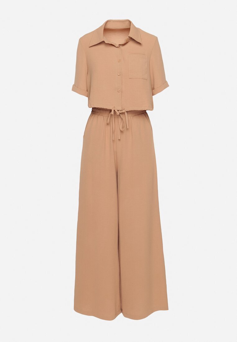  Set Bej închis Cămașă scurtă cu Nasturi Pantaloni cu Elastic în Talie Yinesa