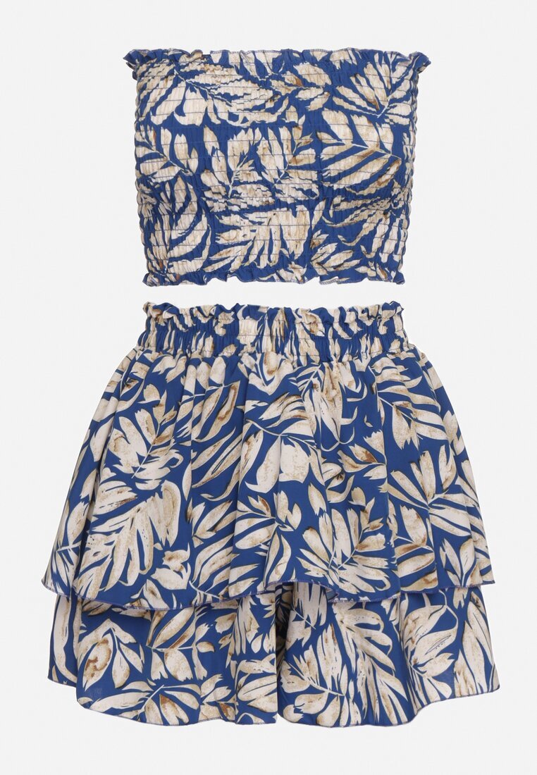  Set Bleumarin 2 piese Top scurt fără mâneci Pantaloni scurți cu elastic în talie și volan Riloa