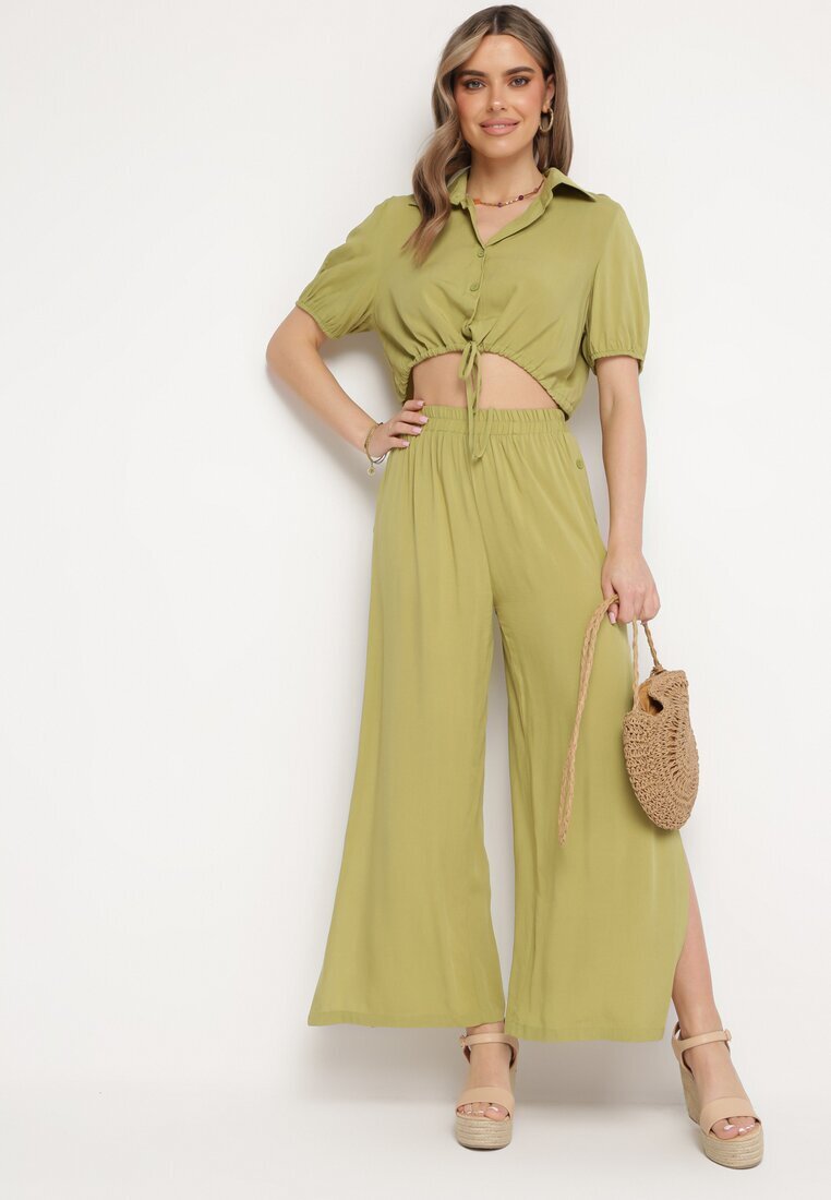  Set Bumbac Verde cu Cămașă Scurtă și Pantaloni Larghi cu Crăpături Denara
