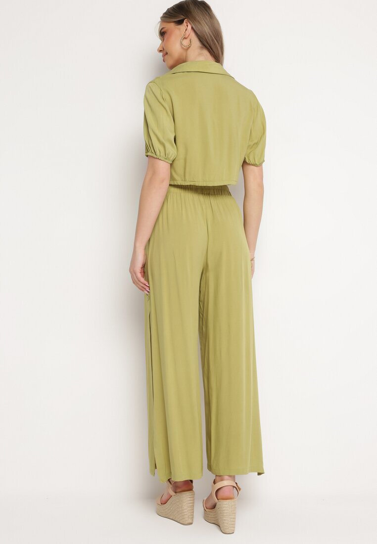  Set Bumbac Verde cu Cămașă Scurtă și Pantaloni Larghi cu Crăpături Denara