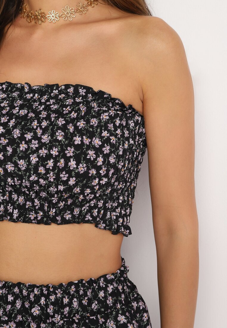  Set de 2 piese Negru Top Bandeau cu încrețituri Fustă-Pantaloni scurți cu elastic în talie Profea