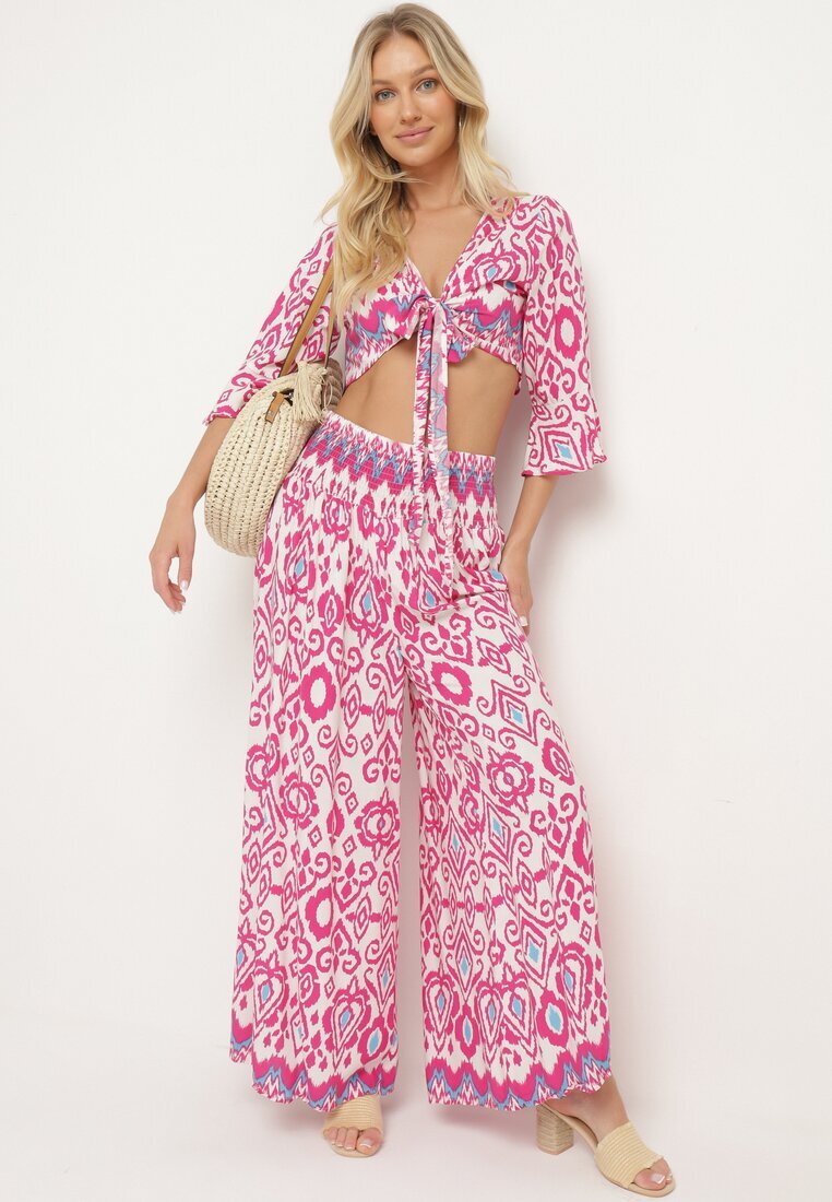  Set de bumbac Fucsia Top petrecut cu nod Pantaloni largi cu elastic în talie Viknie
