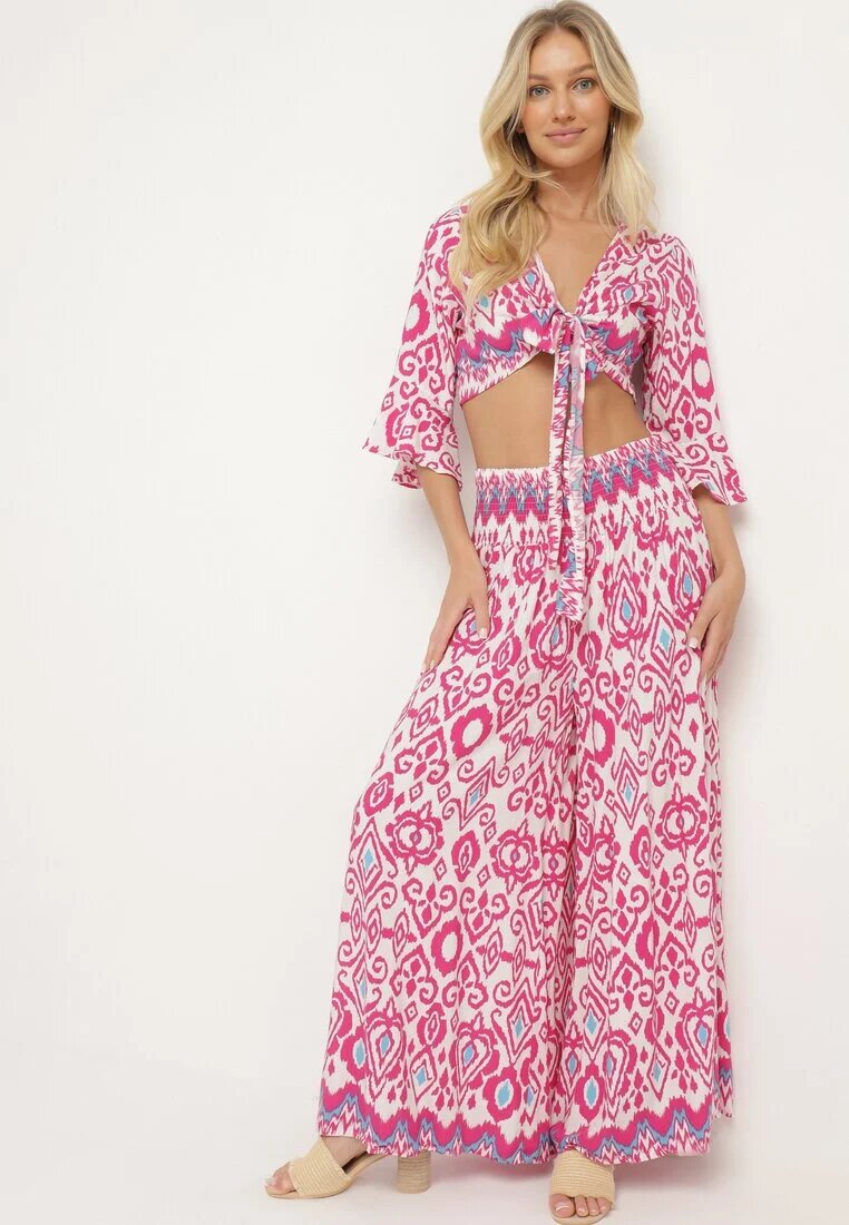  Set de bumbac Fucsia Top petrecut cu nod Pantaloni largi cu elastic în talie Viknie