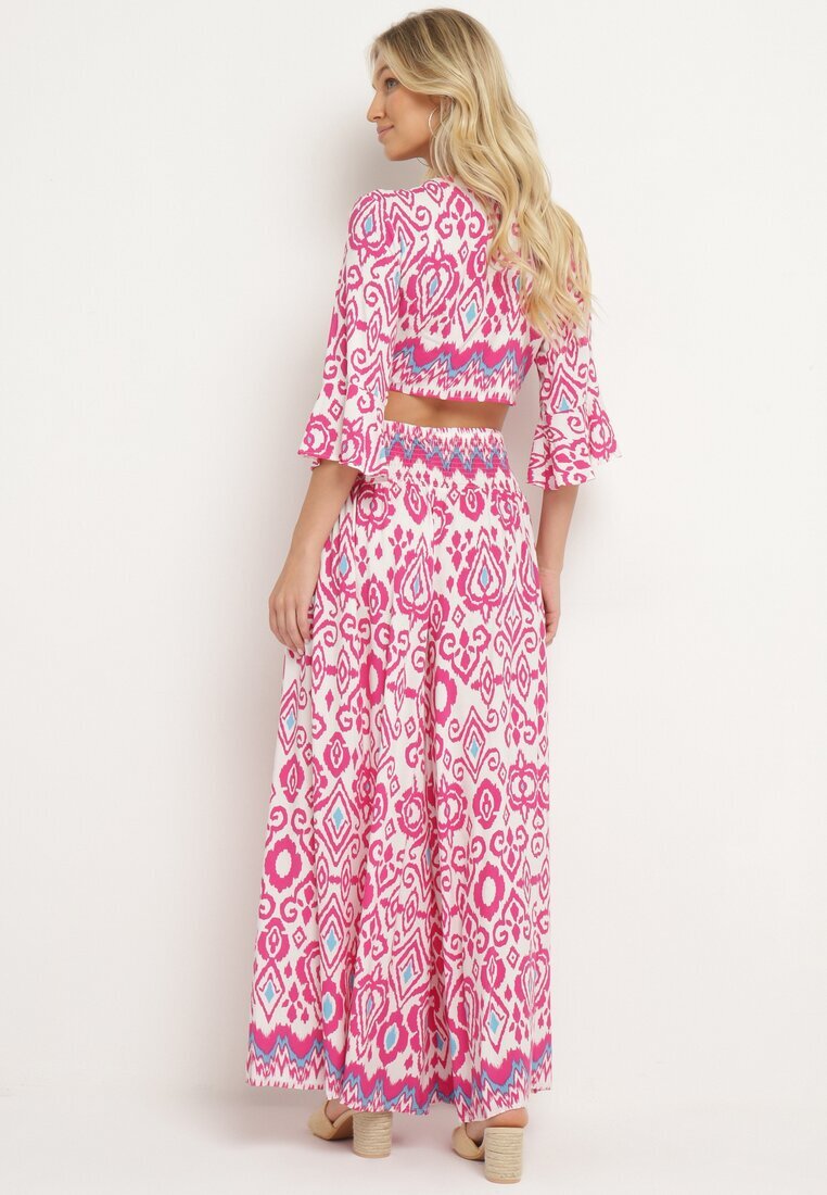  Set de bumbac Fucsia Top petrecut cu nod Pantaloni largi cu elastic în talie Viknie