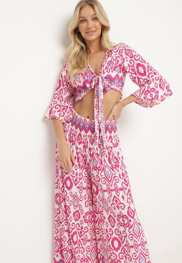  Set de bumbac Fucsia Top petrecut cu nod Pantaloni largi cu elastic în talie Viknie