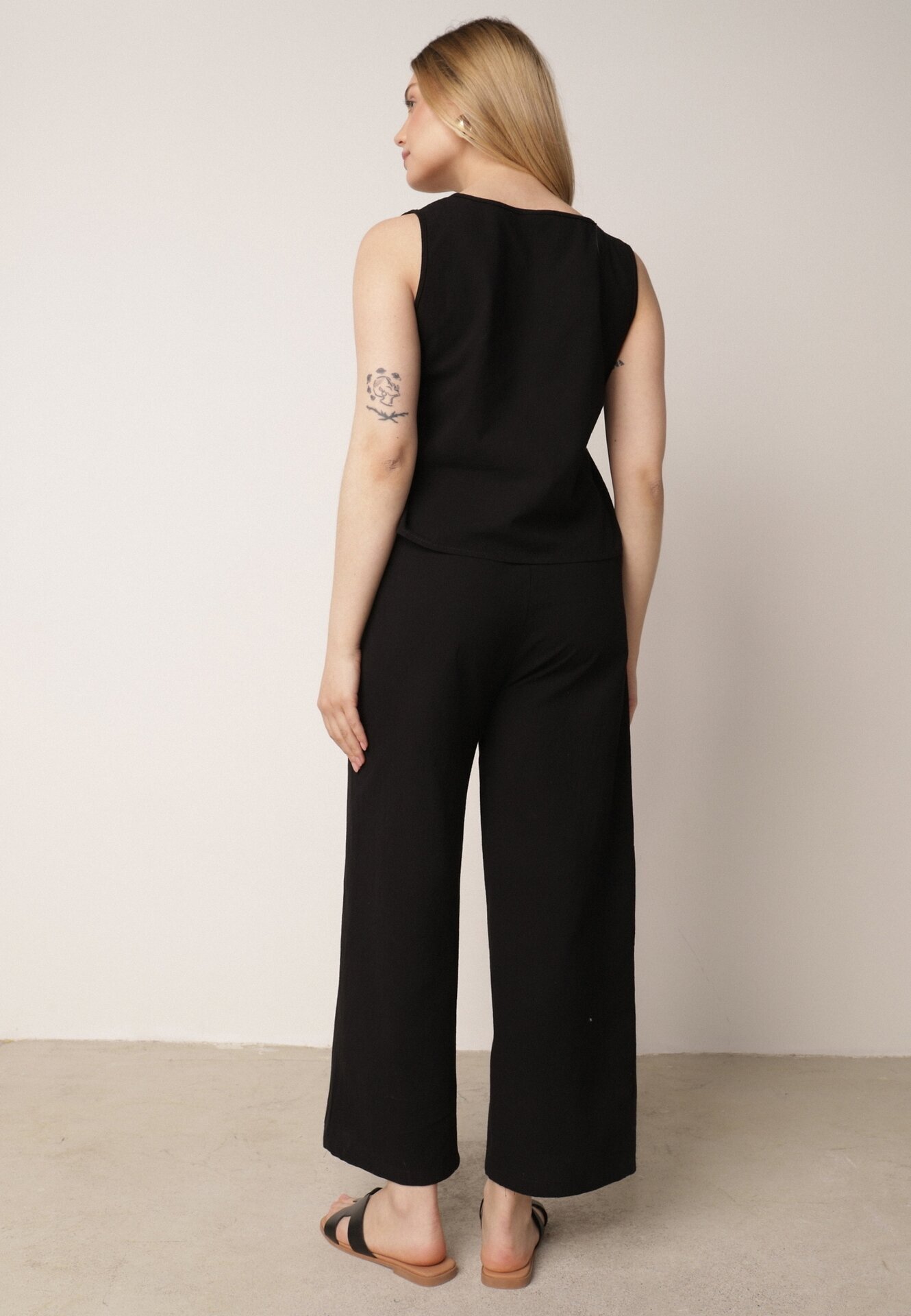  Set de bumbac Negru Tricou fără mâneci cu nasturi Pantaloni cu elastic în talie Juliancella