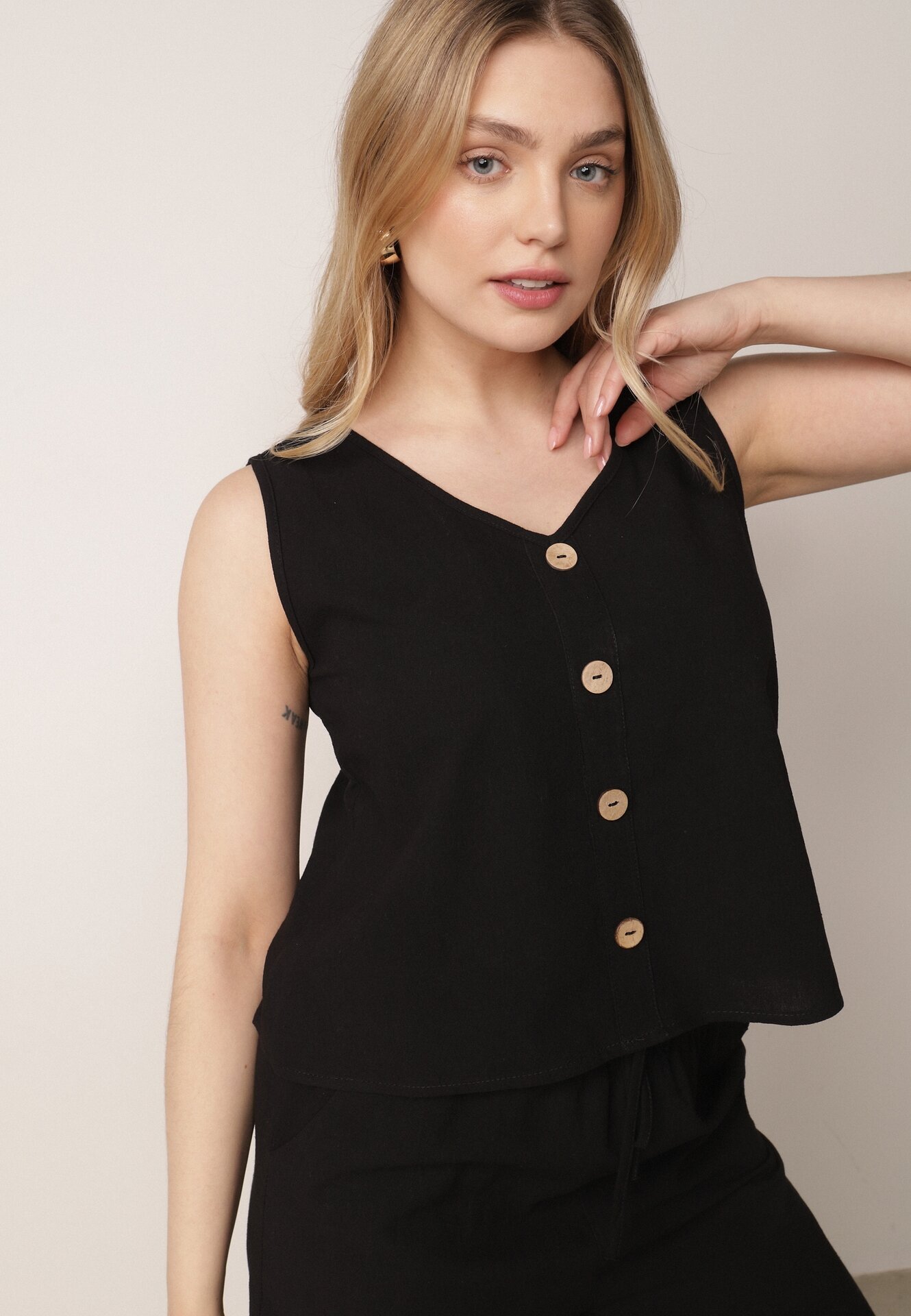  Set de bumbac Negru Tricou fără mâneci cu nasturi Pantaloni cu elastic în talie Juliancella
