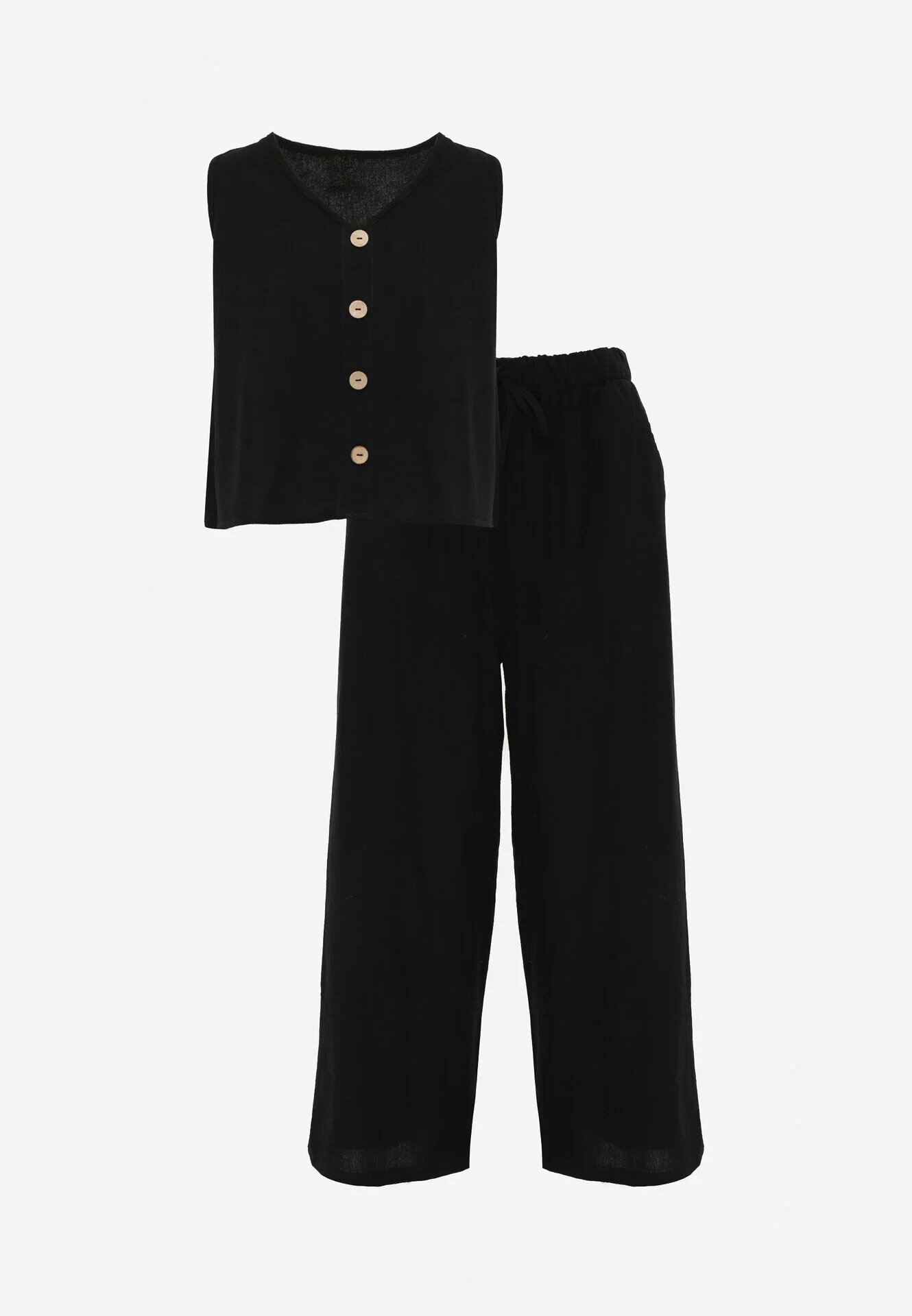  Set de bumbac Negru Tricou fără mâneci cu nasturi Pantaloni cu elastic în talie Juliancella