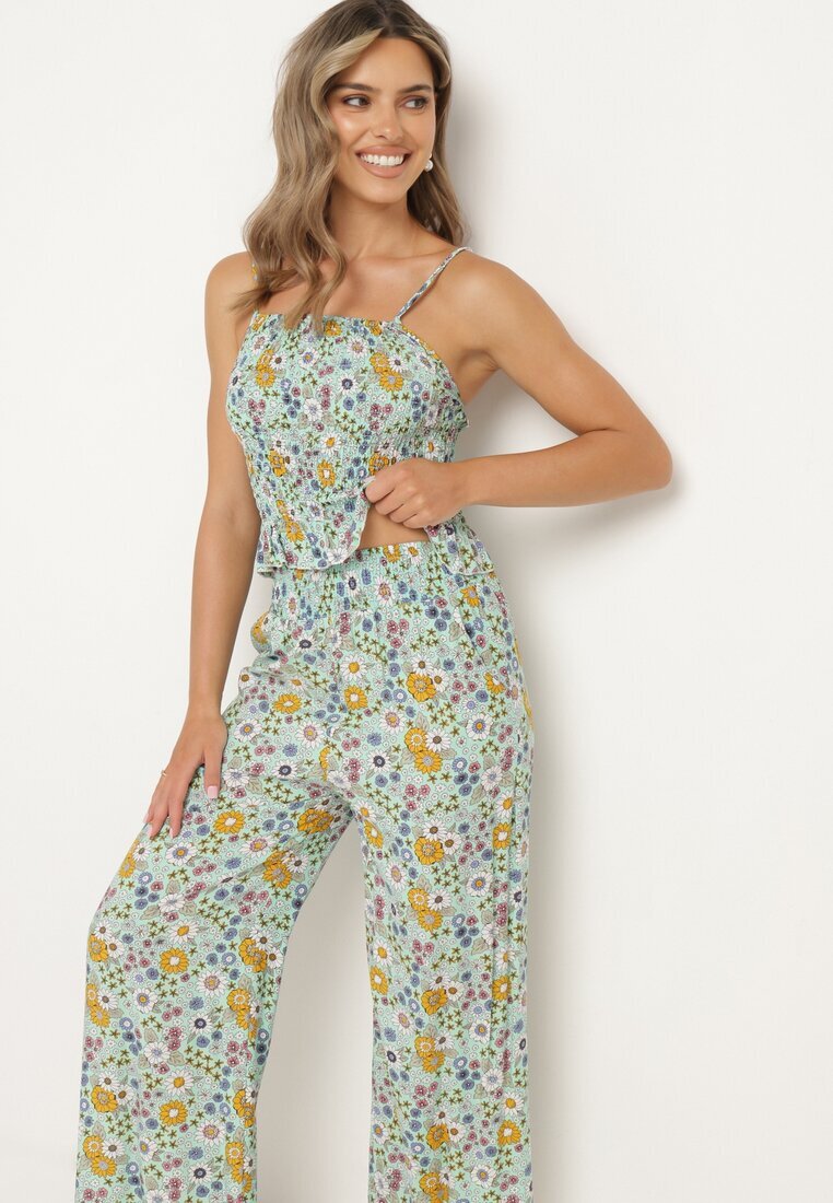  Set de bumbac verde Top cu bretele cu încrețituri Pantaloni cu elastic în talie Elaruth