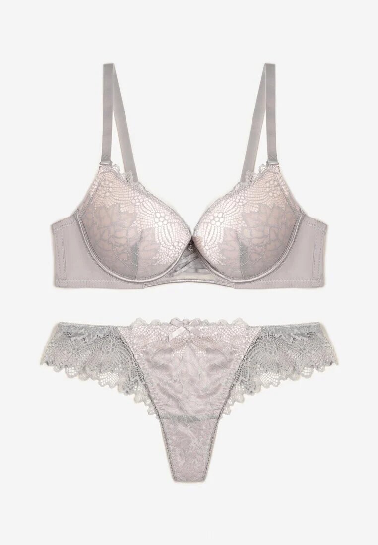  Set de dantelă Gri-Roz Sutien cu push-up și tanga Yalira