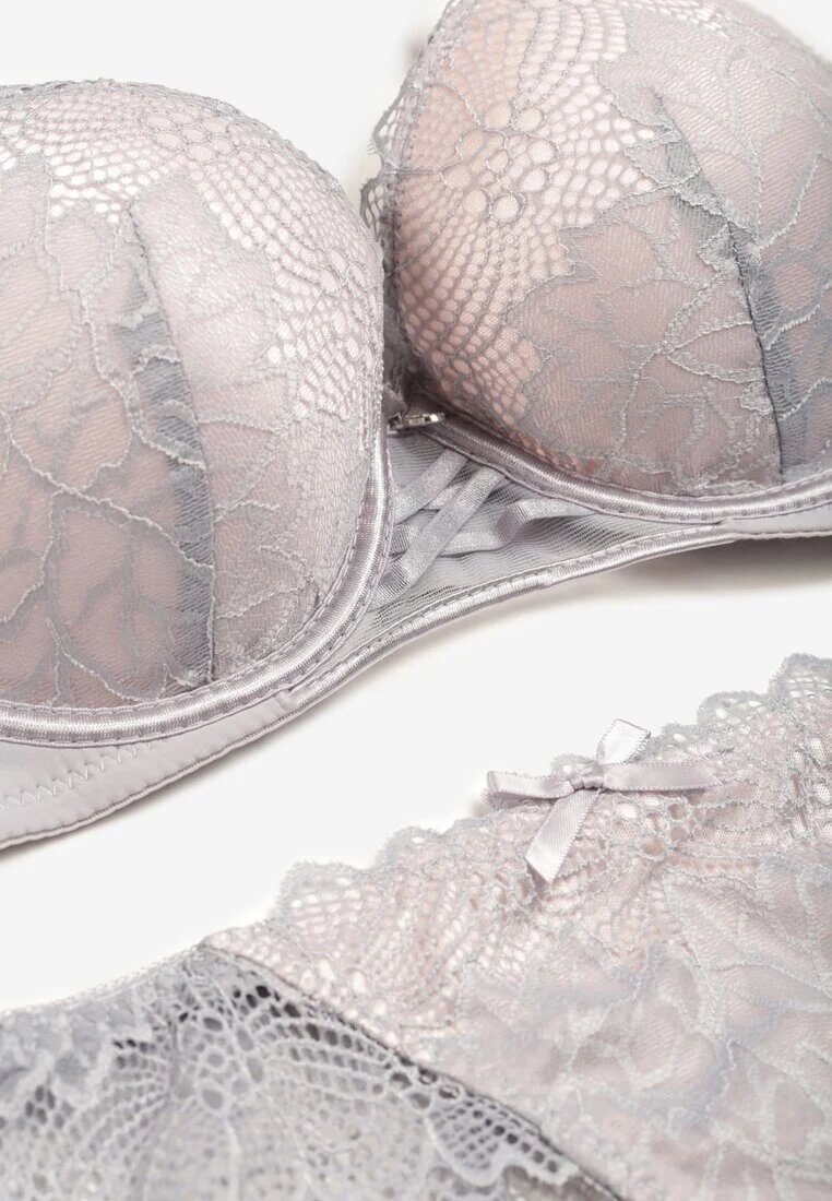  Set de dantelă Gri-Roz Sutien cu push-up și tanga Yalira