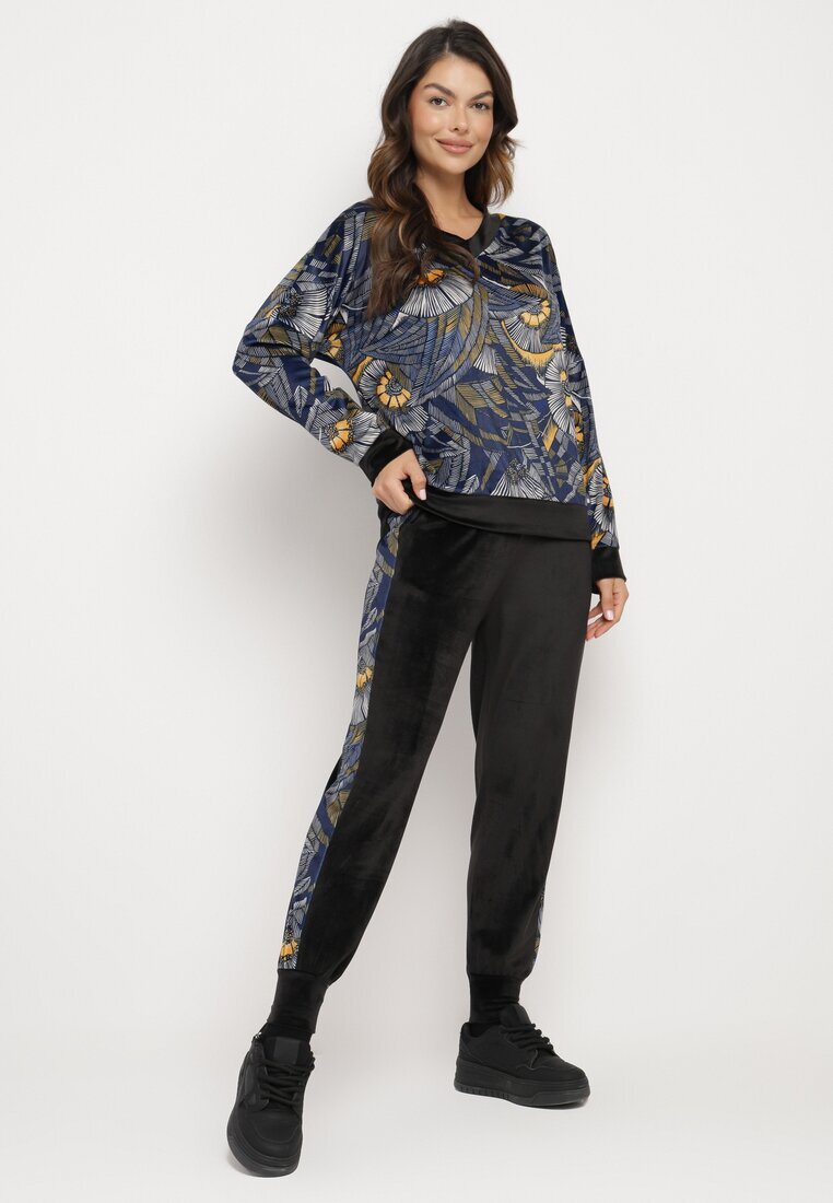  Set de Trening din Velur Bleumarin-Negru Bluză cu Model Abstract Pantaloni cu Lampase Ivalaria