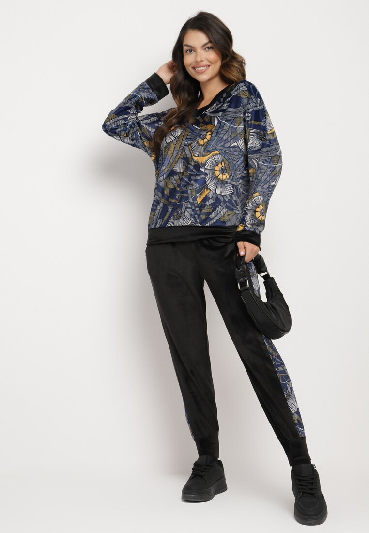  Set de Trening din Velur Bleumarin-Negru Bluză cu Model Abstract Pantaloni cu Lampase Ivalaria
