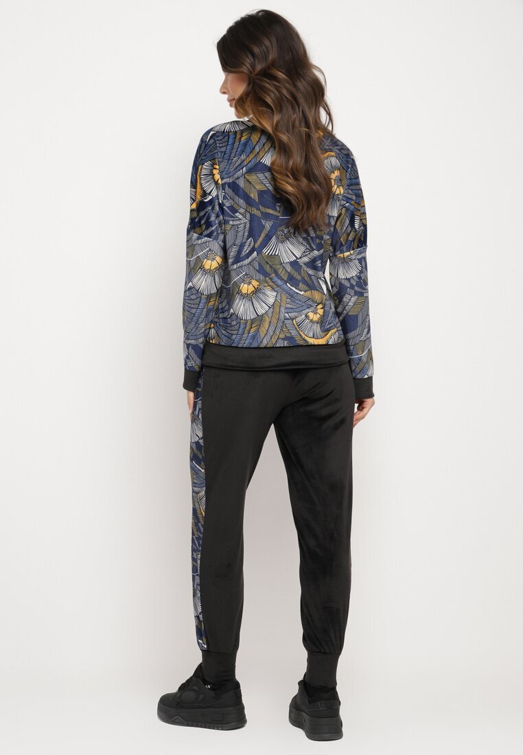  Set de Trening din Velur Bleumarin-Negru Bluză cu Model Abstract Pantaloni cu Lampase Ivalaria