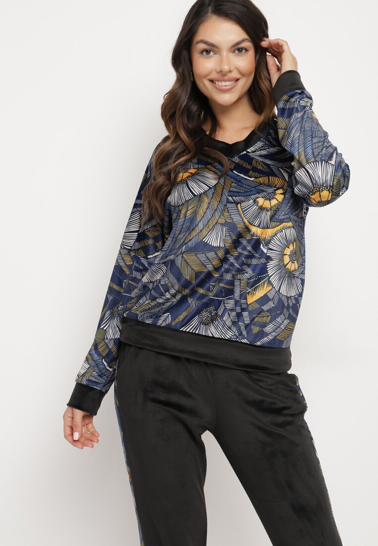  Set de Trening din Velur Bleumarin-Negru Bluză cu Model Abstract Pantaloni cu Lampase Ivalaria
