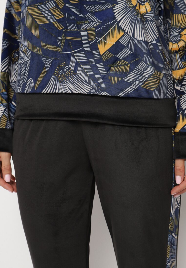  Set de Trening din Velur Bleumarin-Negru Bluză cu Model Abstract Pantaloni cu Lampase Ivalaria