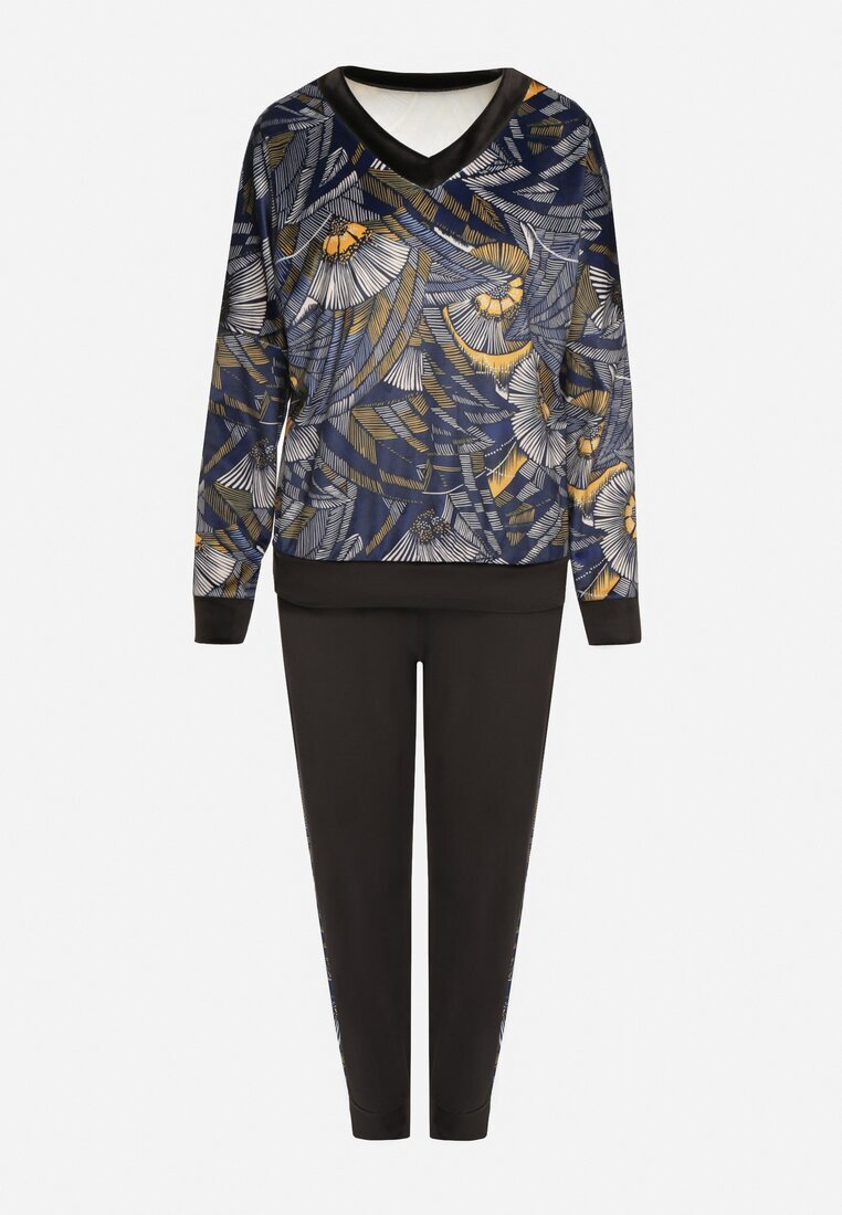  Set de Trening din Velur Bleumarin-Negru Bluză cu Model Abstract Pantaloni cu Lampase Ivalaria
