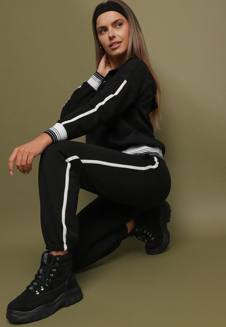  Set de Trening Negru Din bumbac Bluză tip hanorac și Pantaloni cu dungi laterale Cantoe