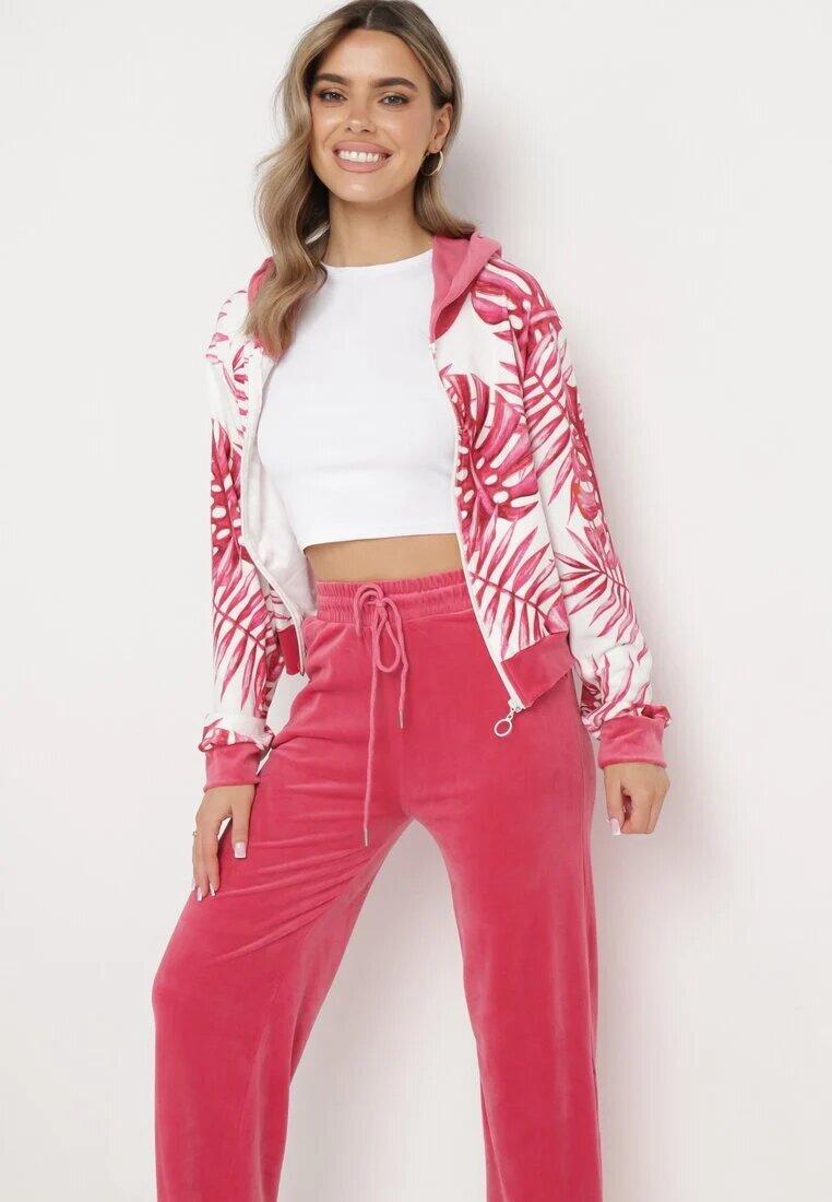  Set de Trening Roz din Velur Bluză cu imprimeu floral și Pantaloni largi Taniussa