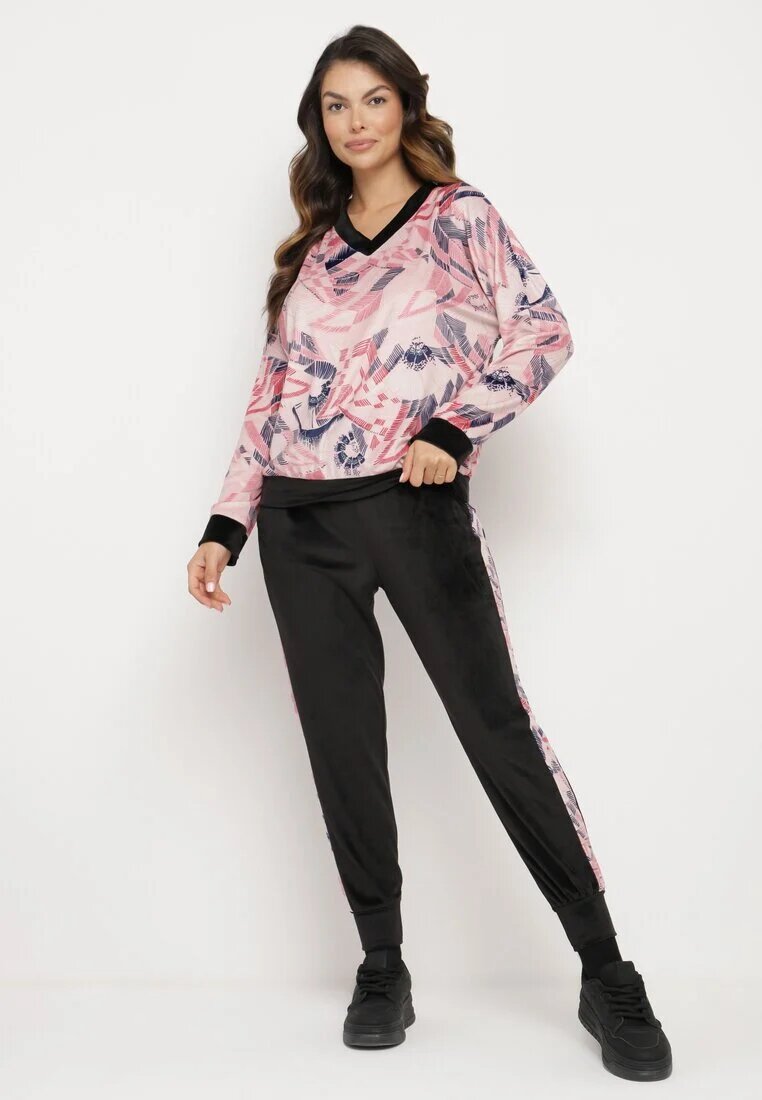  Set de trening Roz și Negru din Velur Bluză cu Model Abstract Pantaloni cu Lampase Ivalaria