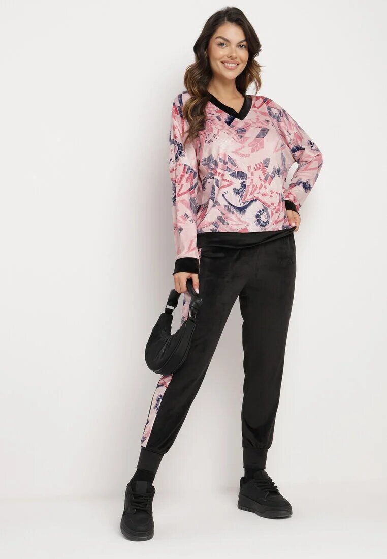  Set de trening Roz și Negru din Velur Bluză cu Model Abstract Pantaloni cu Lampase Ivalaria