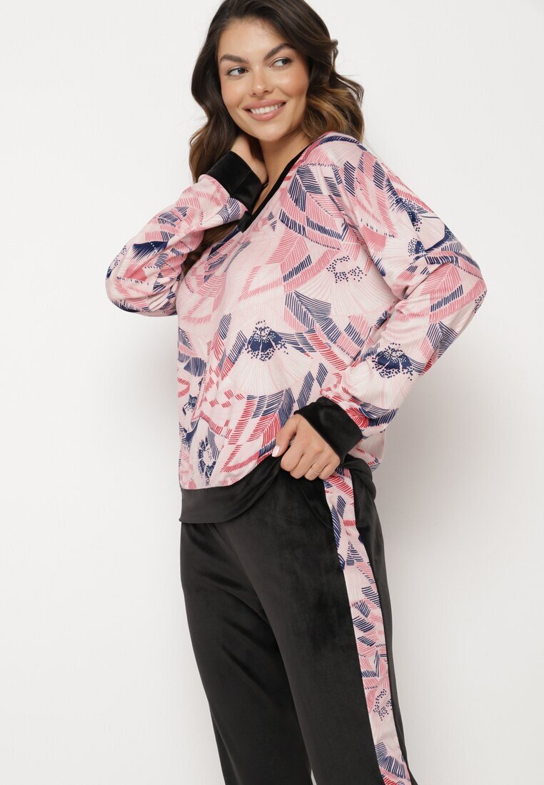  Set de trening Roz și Negru din Velur Bluză cu Model Abstract Pantaloni cu Lampase Ivalaria
