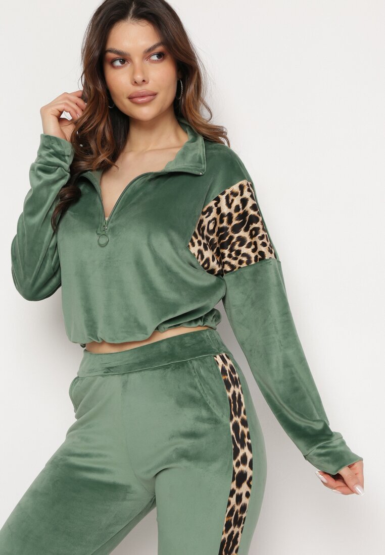  Set de trening Verde din velur bluză scurtă și pantaloni cu inserții cu imprimeu leopard Kilima