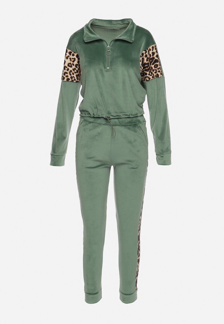  Set de trening Verde din velur bluză scurtă și pantaloni cu inserții cu imprimeu leopard Kilima