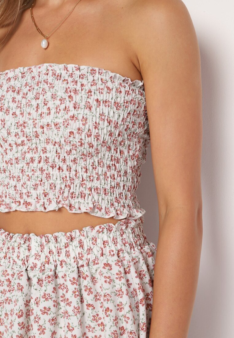  Set din 2 Piese Alb-Roz Top Bandeau cu Volane Fustă-Pantaloni scurți cu Elastic în Talie Profea