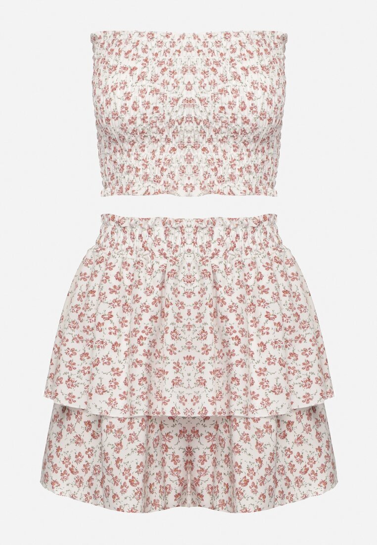  Set din 2 Piese Alb-Roz Top Bandeau cu Volane Fustă-Pantaloni scurți cu Elastic în Talie Profea