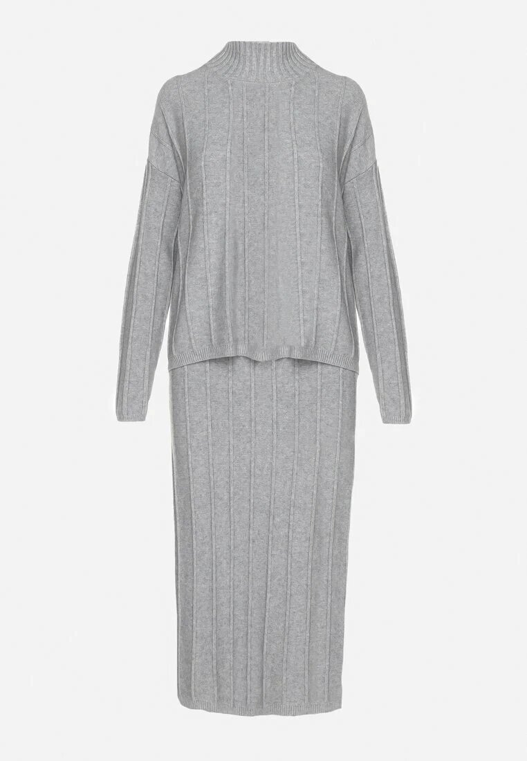  Set din tricot gri cu vâscoză cu textură în relief pulover cu guler semi-înalt și fustă Atteris