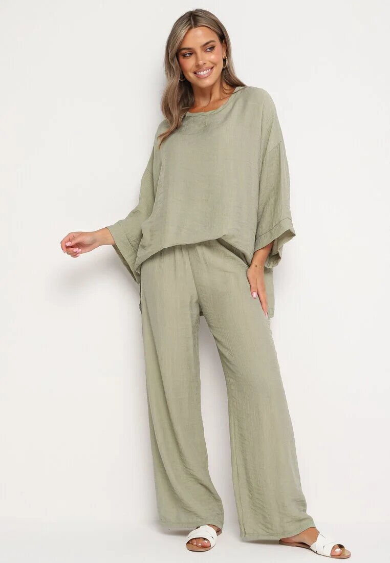  Set din vascoză verde deschis Pantaloni largi cu elastic în talie Bluză cu croială liliac Odrina