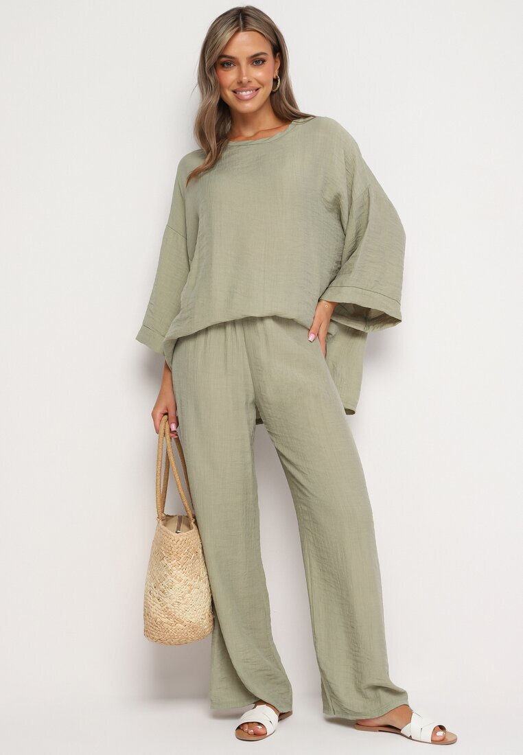  Set din vascoză verde deschis Pantaloni largi cu elastic în talie Bluză cu croială liliac Odrina