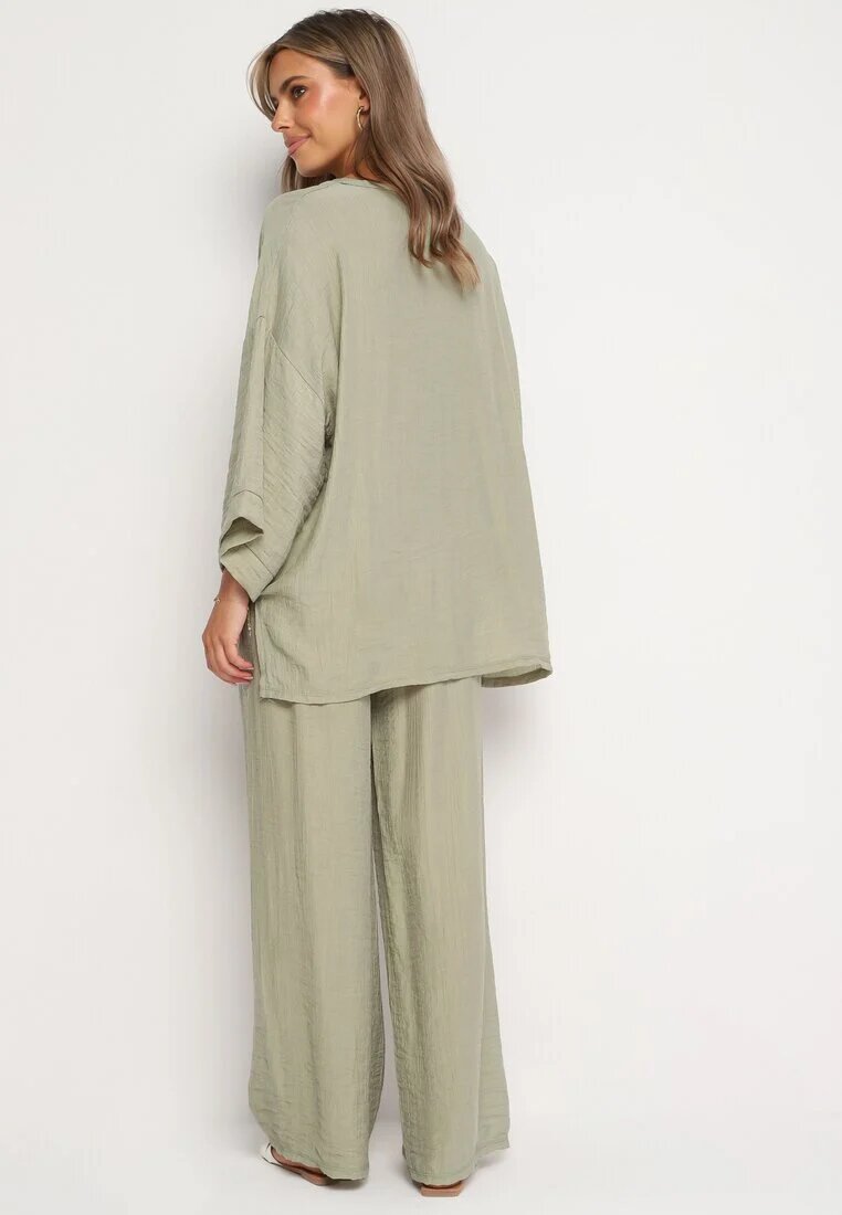  Set din vascoză verde deschis Pantaloni largi cu elastic în talie Bluză cu croială liliac Odrina