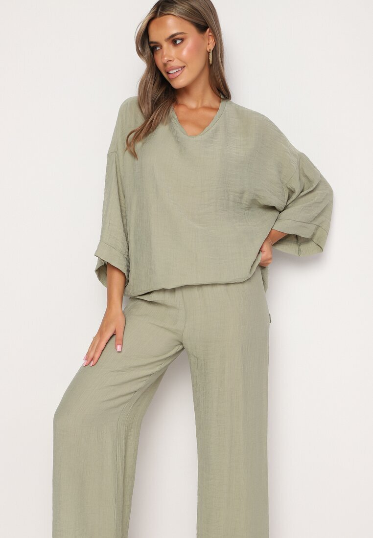  Set din vascoză verde deschis Pantaloni largi cu elastic în talie Bluză cu croială liliac Odrina
