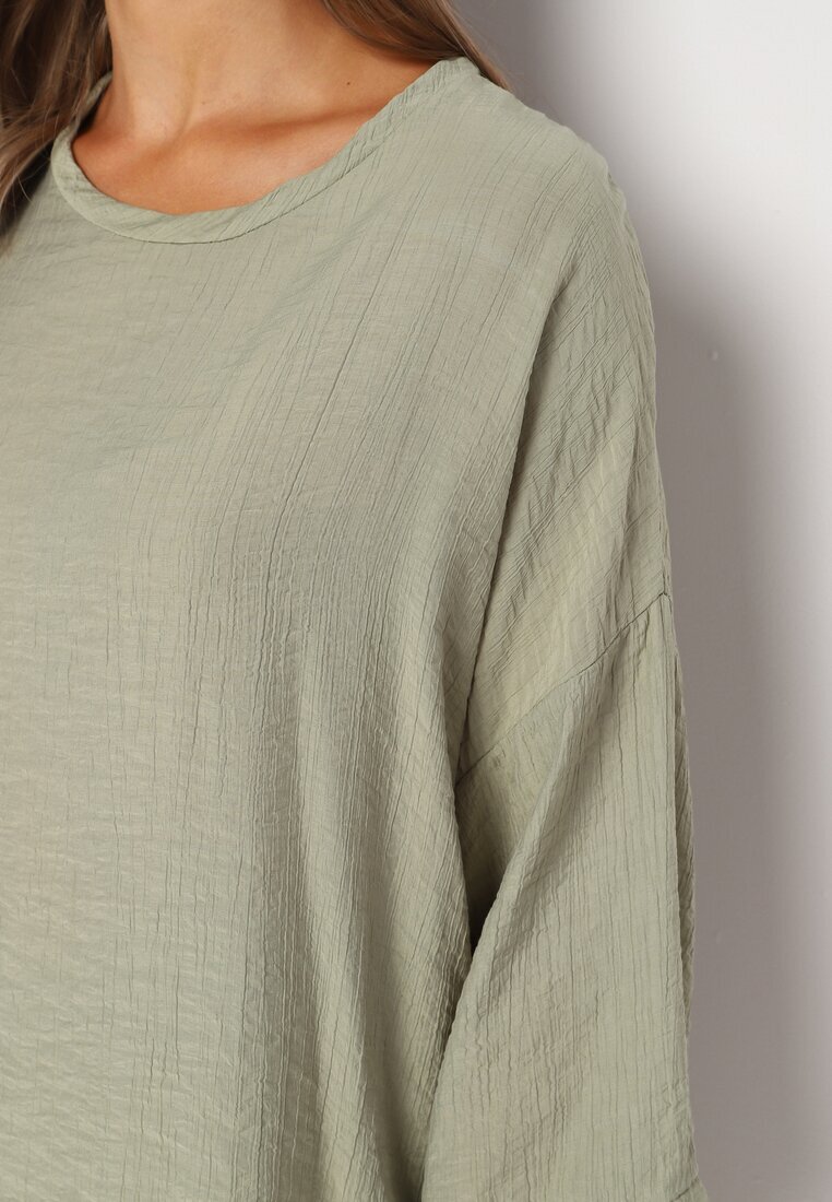  Set din vascoză verde deschis Pantaloni largi cu elastic în talie Bluză cu croială liliac Odrina