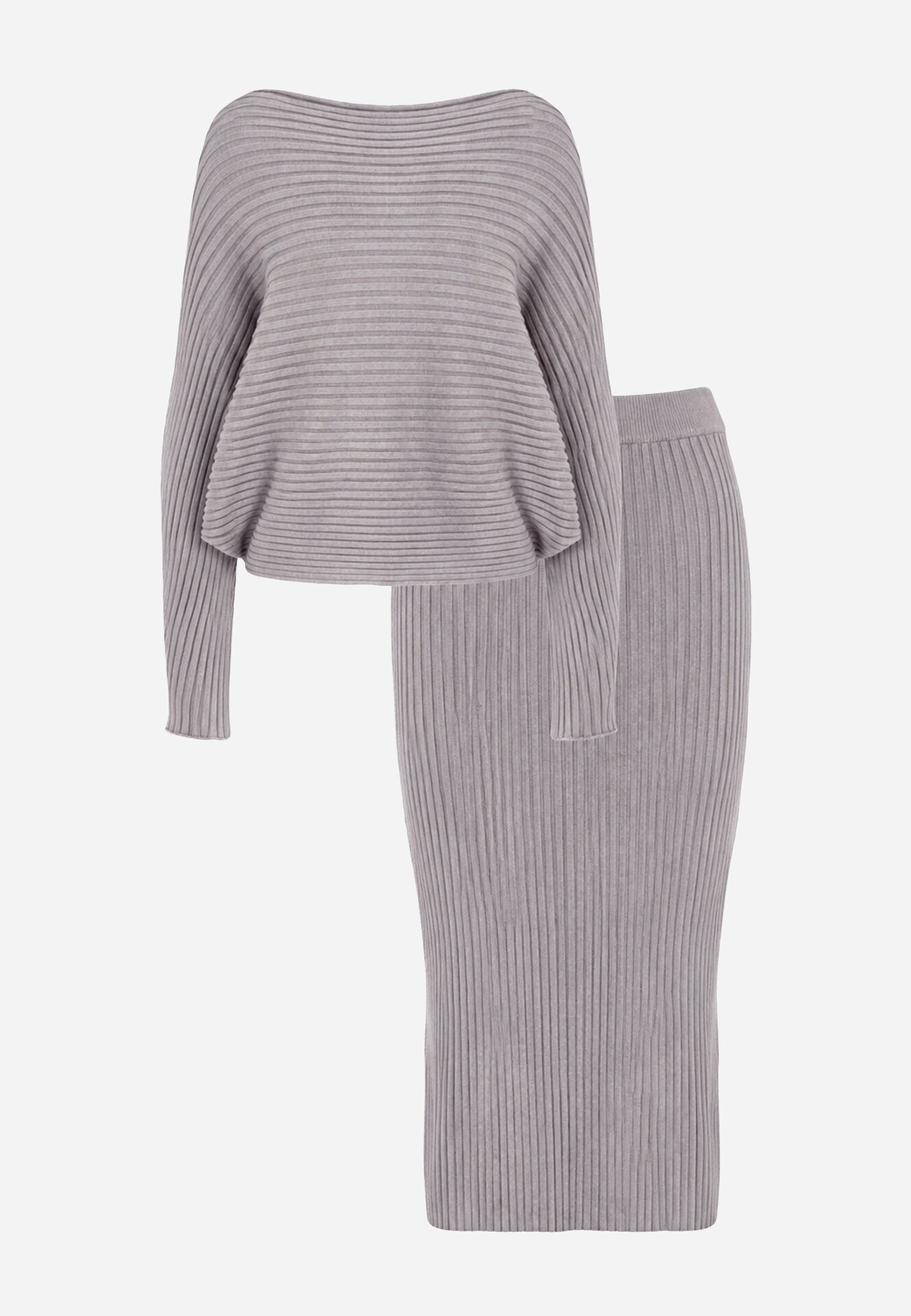  Set Gri Rebrat din Viscoză Bluză tip liliac Fustă cu elastic în talie Zortia