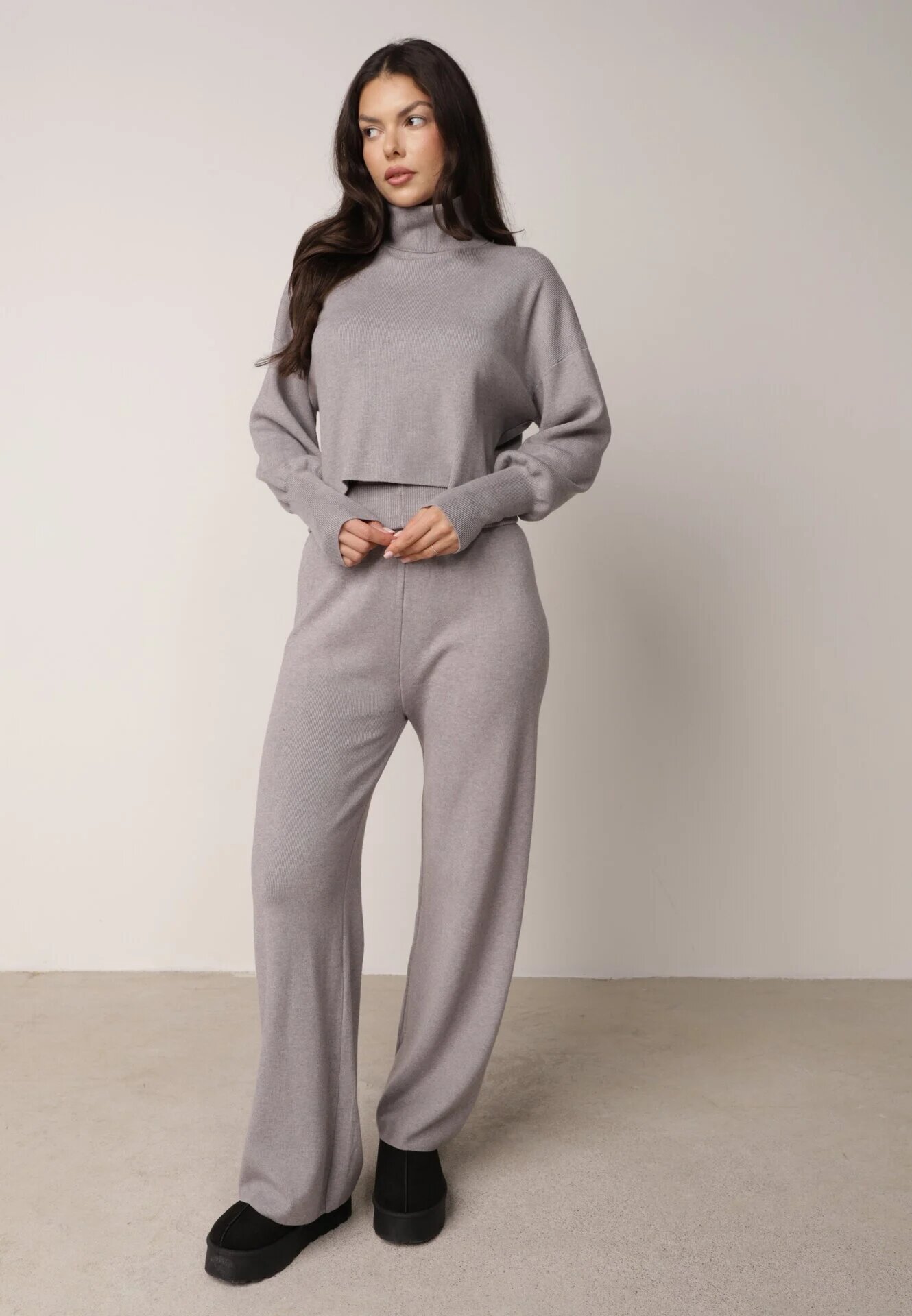  Set Gri Tricotat cu vâscoză Bluză golf cu manșete și Pantaloni Largi Noridra