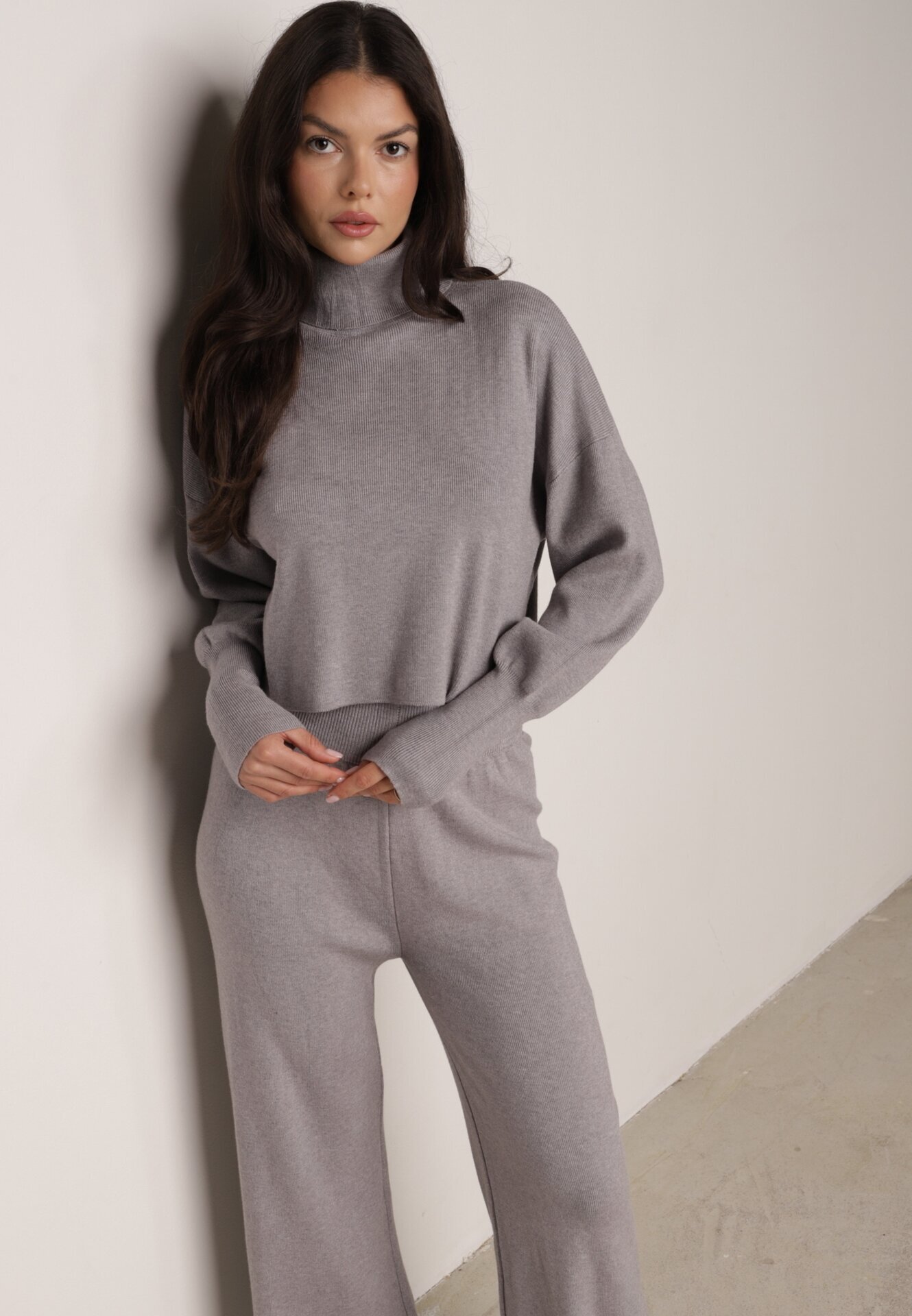  Set Gri Tricotat cu vâscoză Bluză golf cu manșete și Pantaloni Largi Noridra