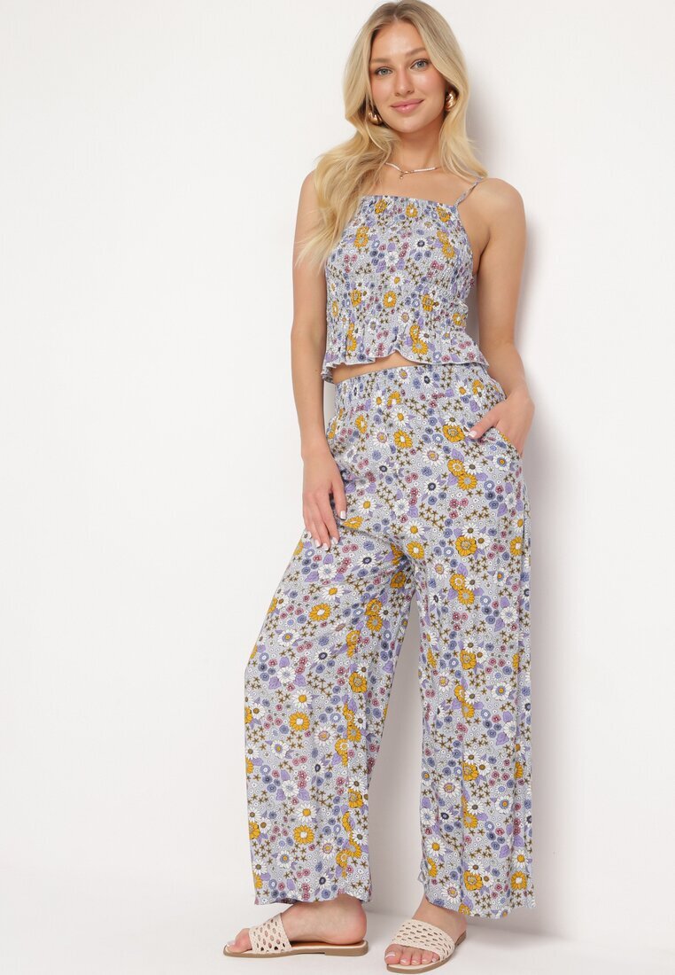  Set mov de bumbac Top cu bretele cu încrețituri Pantaloni cu elastic în talie Elaruth