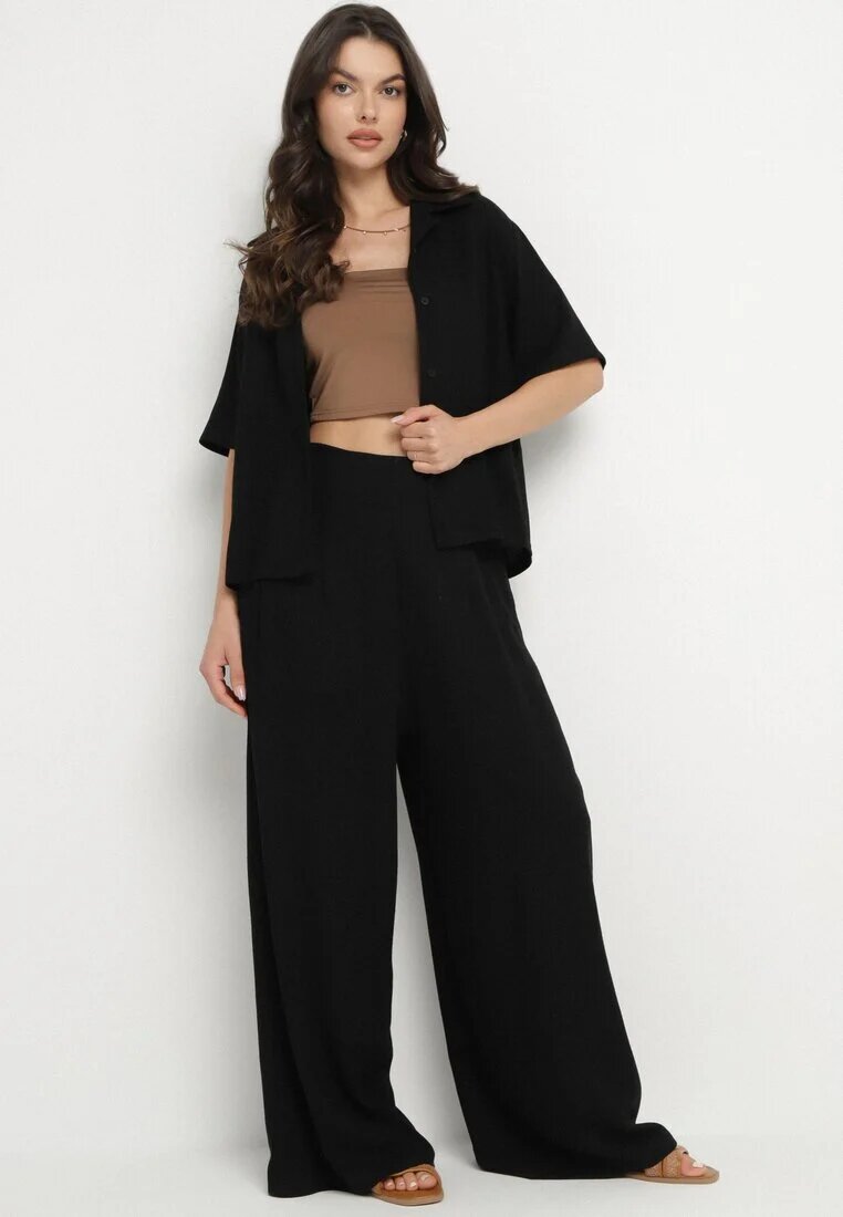  Set Negru Cămașă cu mânecă scurtă și guler și Pantaloni lungi Broretta