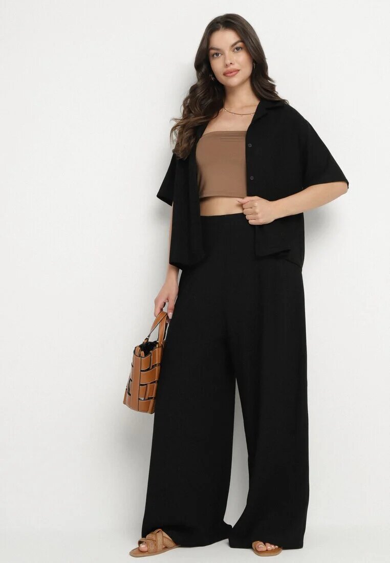  Set Negru Cămașă cu mânecă scurtă și guler și Pantaloni lungi Broretta