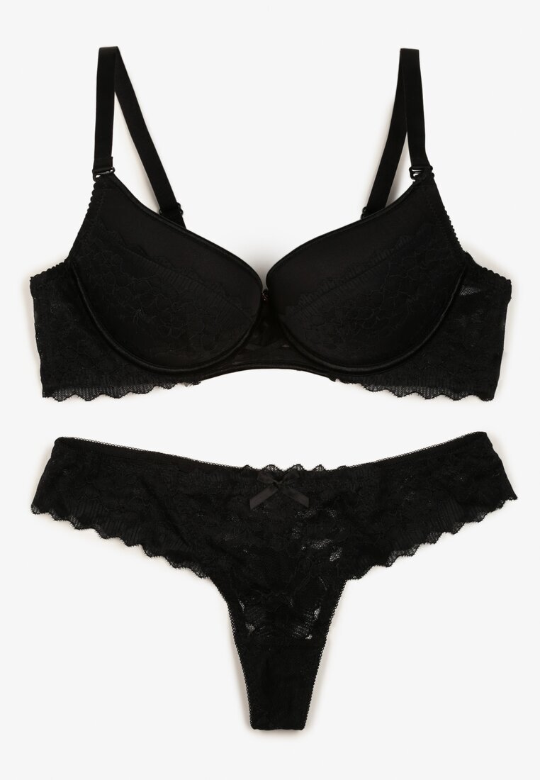  Set Negru de Lenjerie Sutien Push-Up și Chiloți tanga cu dantelă Aurorra
