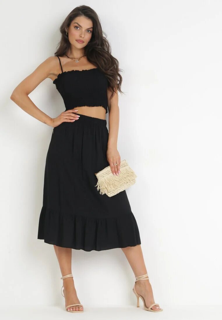  Set Negru din 2 piese Top și Fustă Midi din Bumbac Alrema