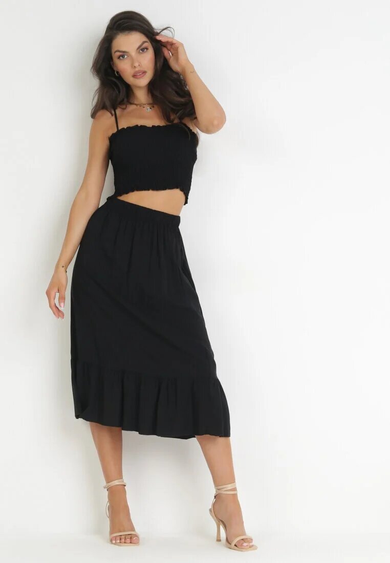  Set Negru din 2 piese Top și Fustă Midi din Bumbac Alrema