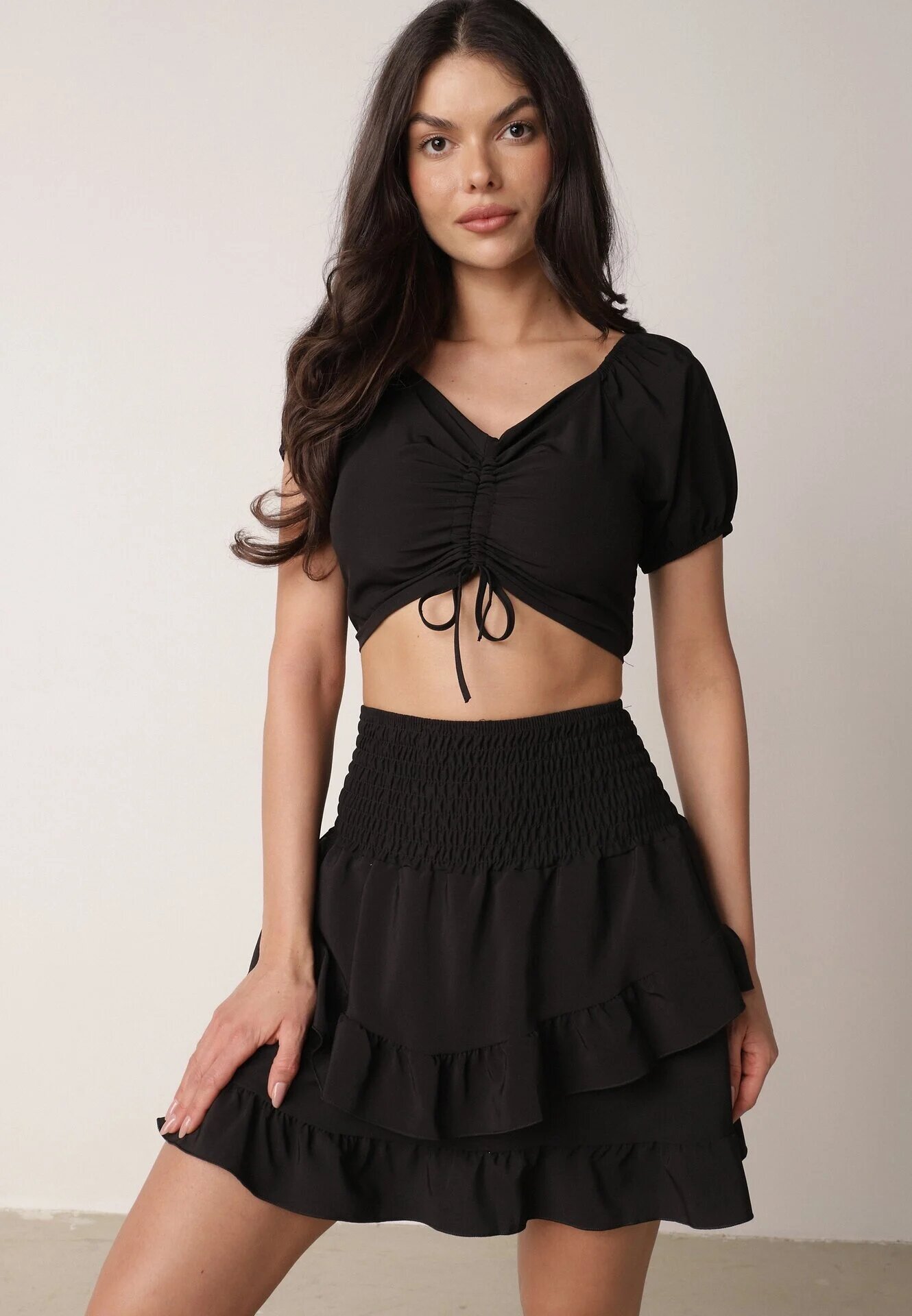  Set Negru din Bumbac Bluză tip Carmen cu Mâneci Bufante Fustă cu Elastic în Talie Testarae