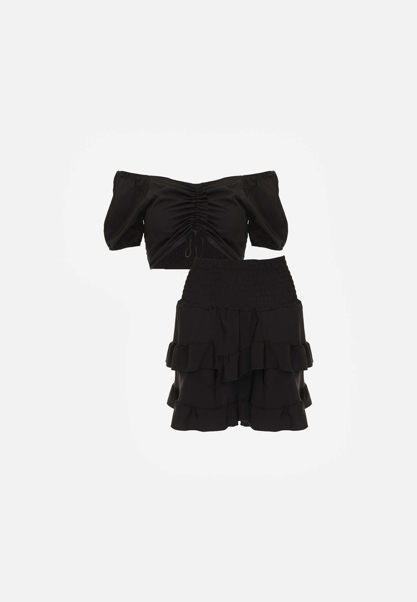  Set Negru din Bumbac Bluză tip Carmen cu Mâneci Bufante Fustă cu Elastic în Talie Testarae