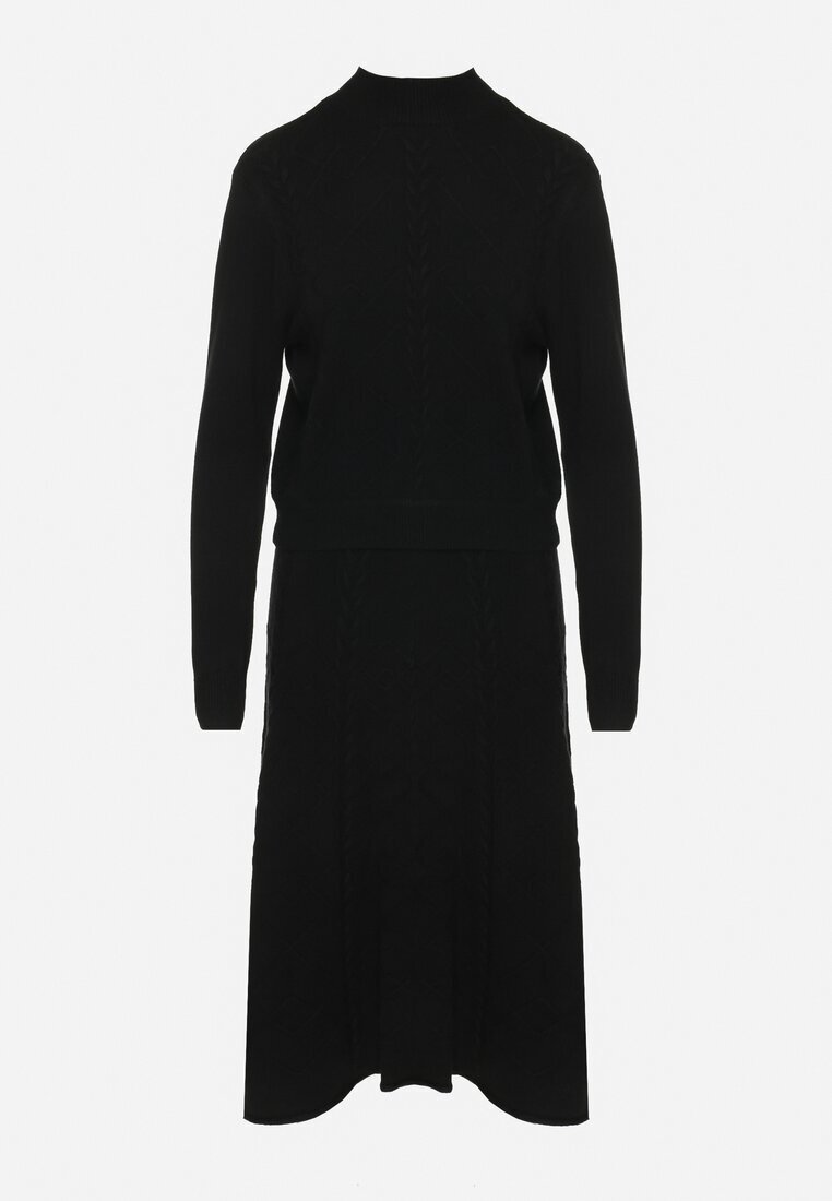  Set Negru din Tricot Texturat Pulover cu Guler Semi-Înalt și Fustă Evazată Evaleria