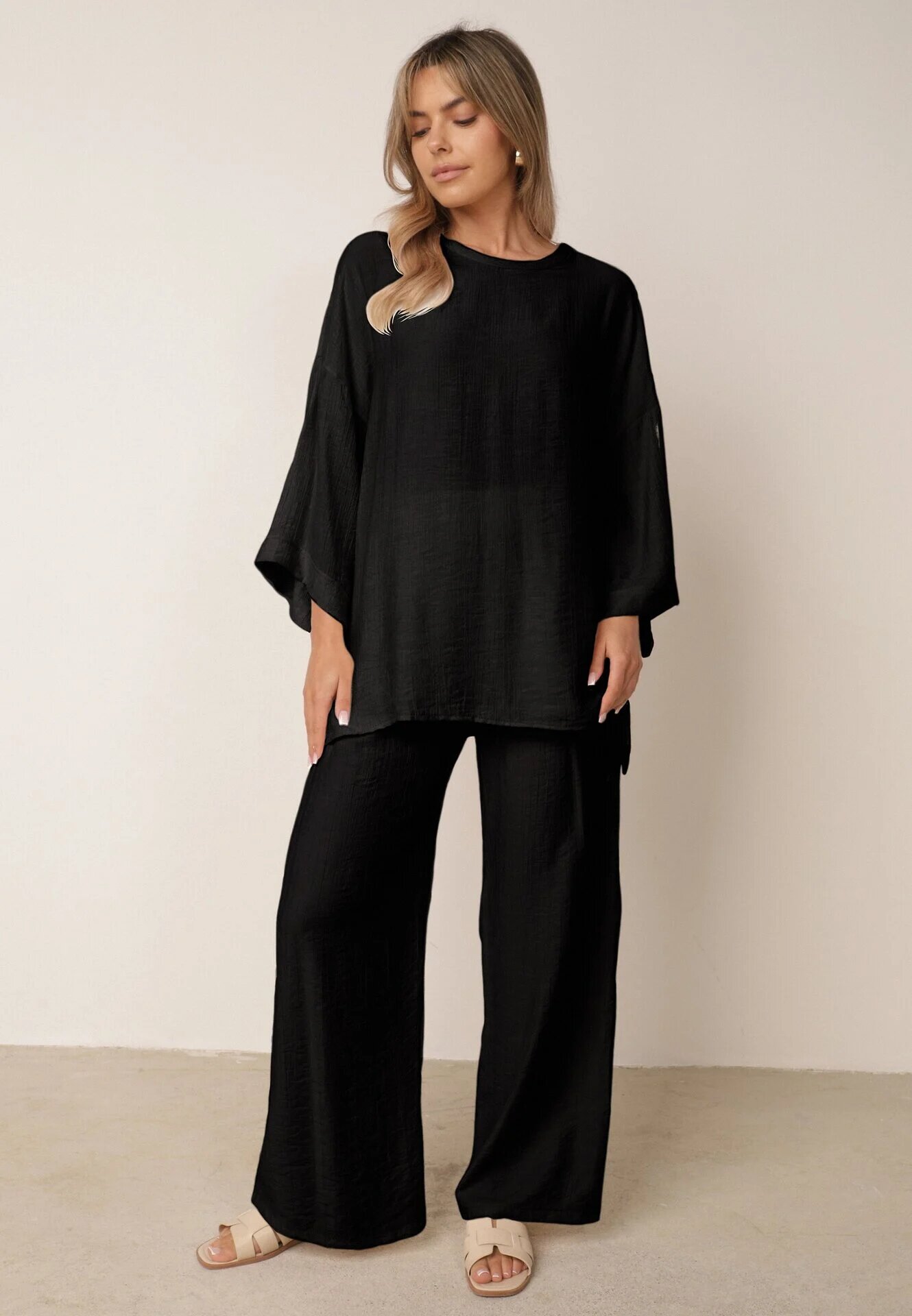  Set Negru din Viscoză Pantaloni Largi cu Elastic în Talie Top cu Croi Liliac Odrina